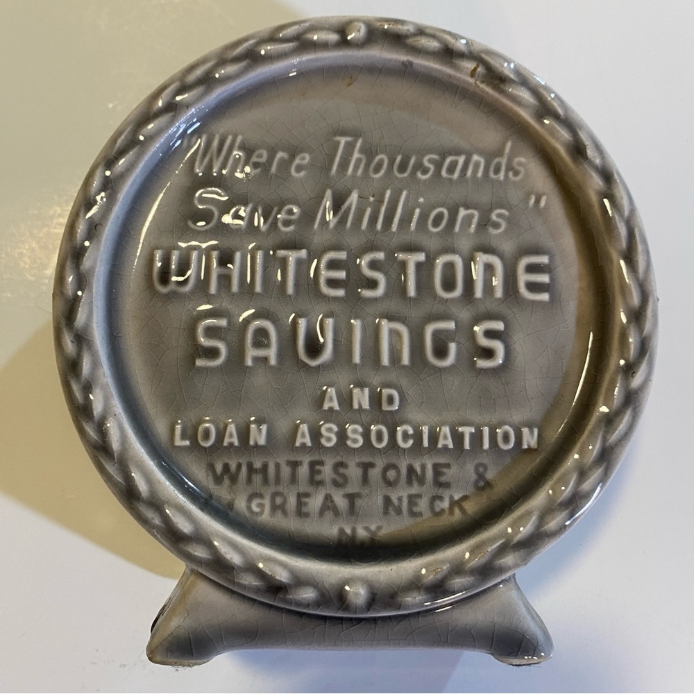 Vintage Thrifty Tom Whitestone Savings ceramic bank, has chip see last pic, H 5” - Picture 2 of 8